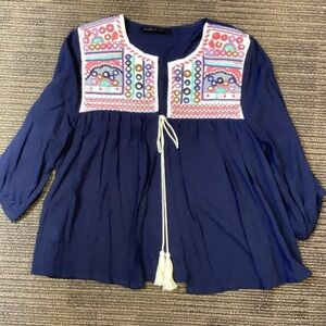 Maria Jose Peasant Top Blouse Shirt Boho Open‎ Front Embroidered tasseled, sz M